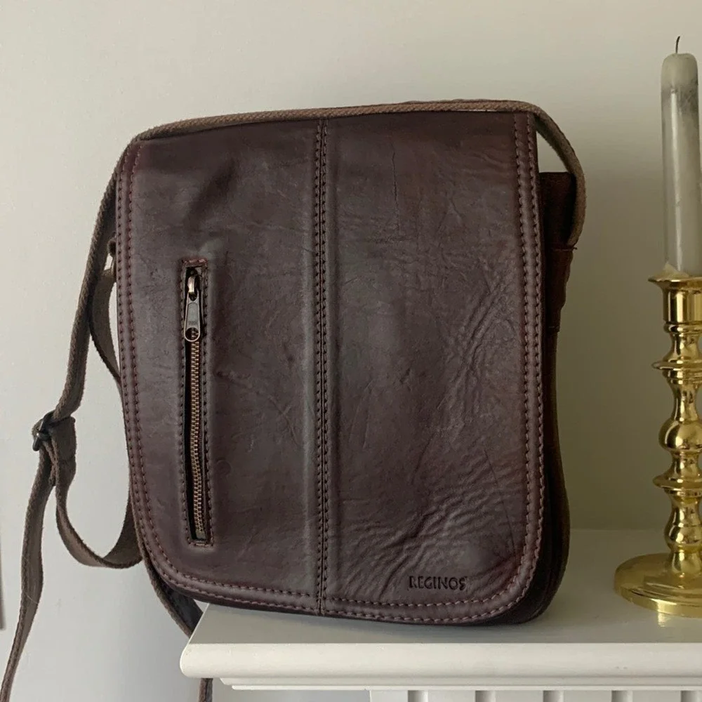 Reginos Dark Brown Leather Crossbody Messenger Bag Adjustable Strap Vintage